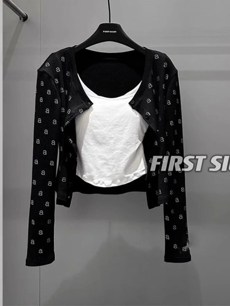 Y2K Style Black Cropped Cardigan with Rhinestone 'a' Letter Embellishments American Sweet Girls Streetwear Autumn Outerwear Tops