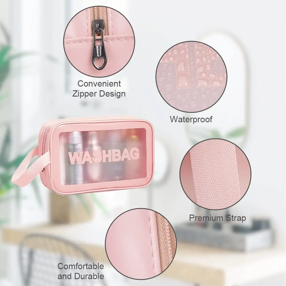 Portable Airport Cosmetic Clear PU Makeup Bag for Travel Bathroom Men Women Waterproof Toiletry Travel Bag with Zipper Handle