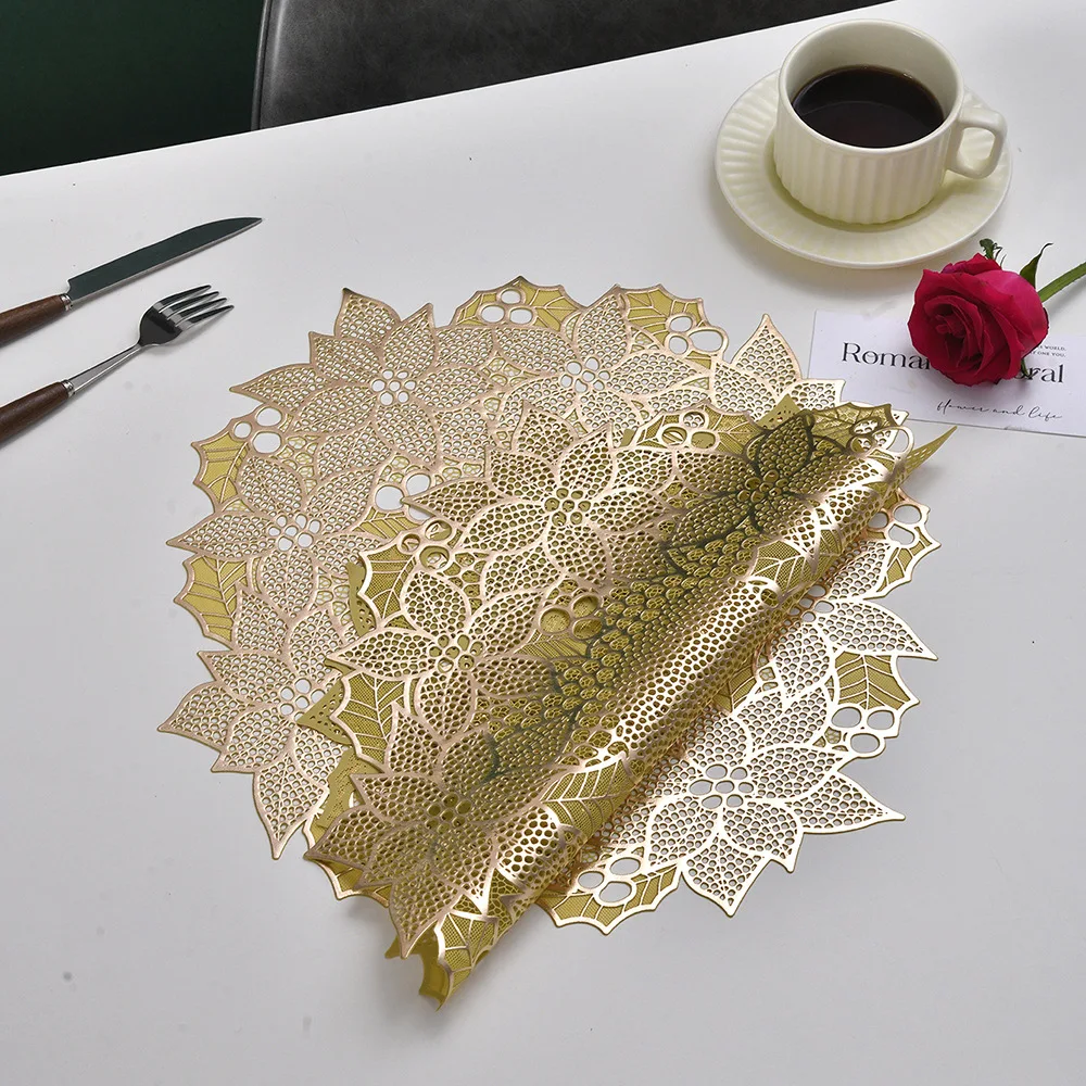 1pc Irregular Hollow Flower Placemat PVC Insulation Pad Hot Stamping Dining Table Decoration Mat Coffee Cup Coaster Tablecloth