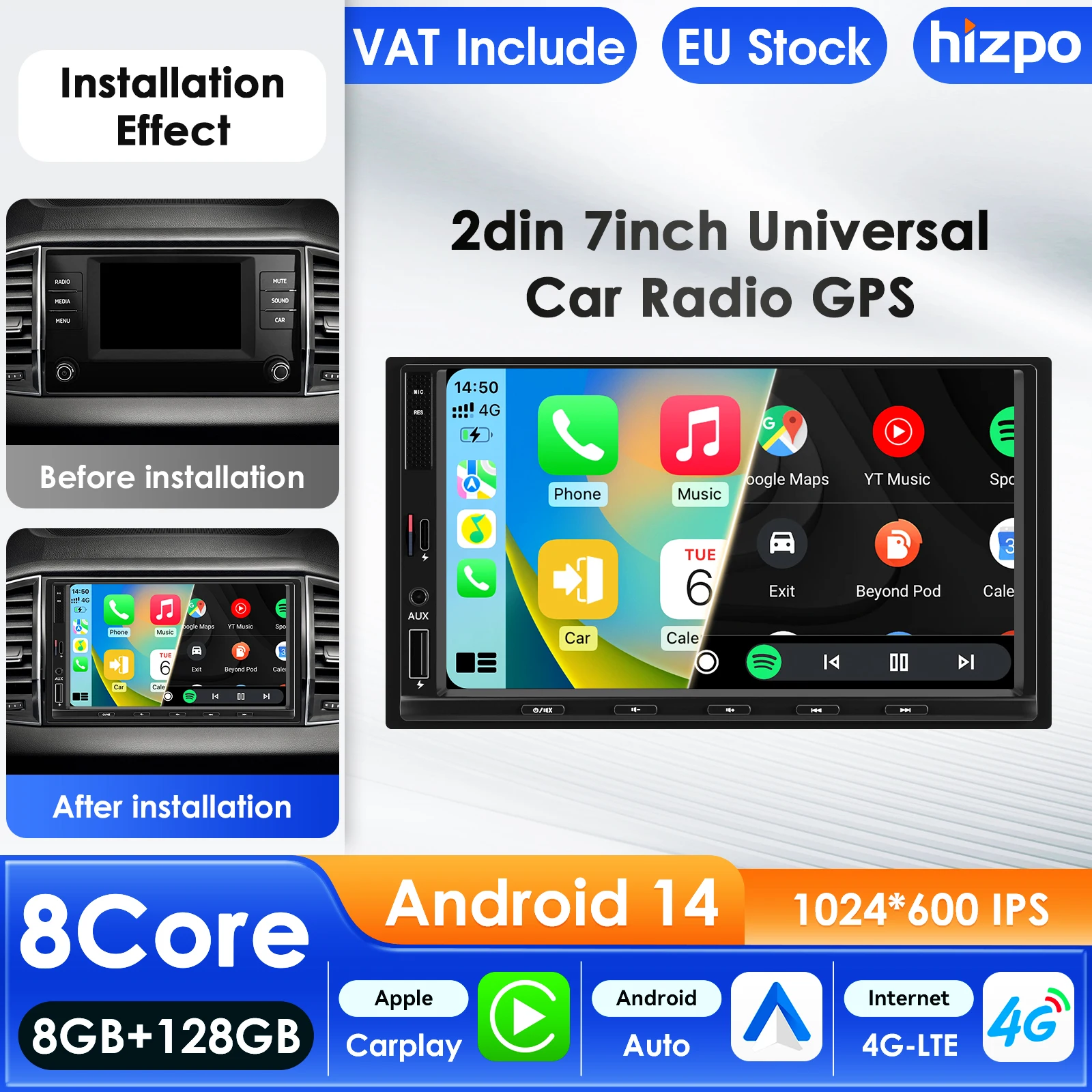 Hizpo 7862 2 Din Autoradio für Universal 7' Audio Multimedia Player CarPlay Android Auto GPS Bluetooth WIFI FM RDS Autoradio AI
