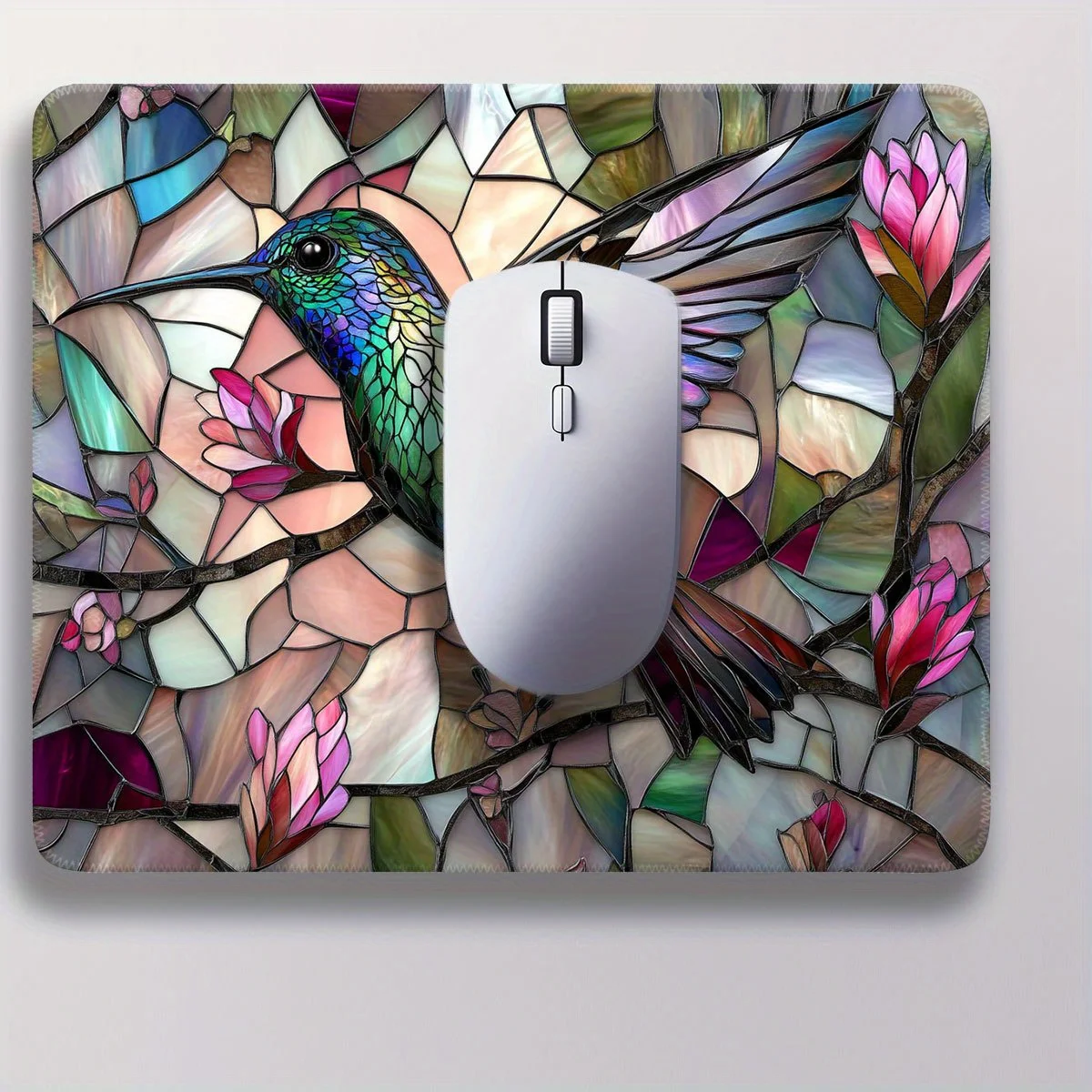 Colored glass hummingbird mouse pad, flower branch anti-slip base, washable and durable rubber material computer accessory
