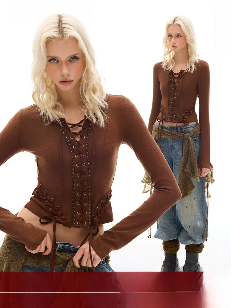 

BeerBro Cheeky Girl Suede Patchwork Knitted Heavy Du Vintage Tied Knitwear Top Street Sle orts Length Polyethylene Fiber