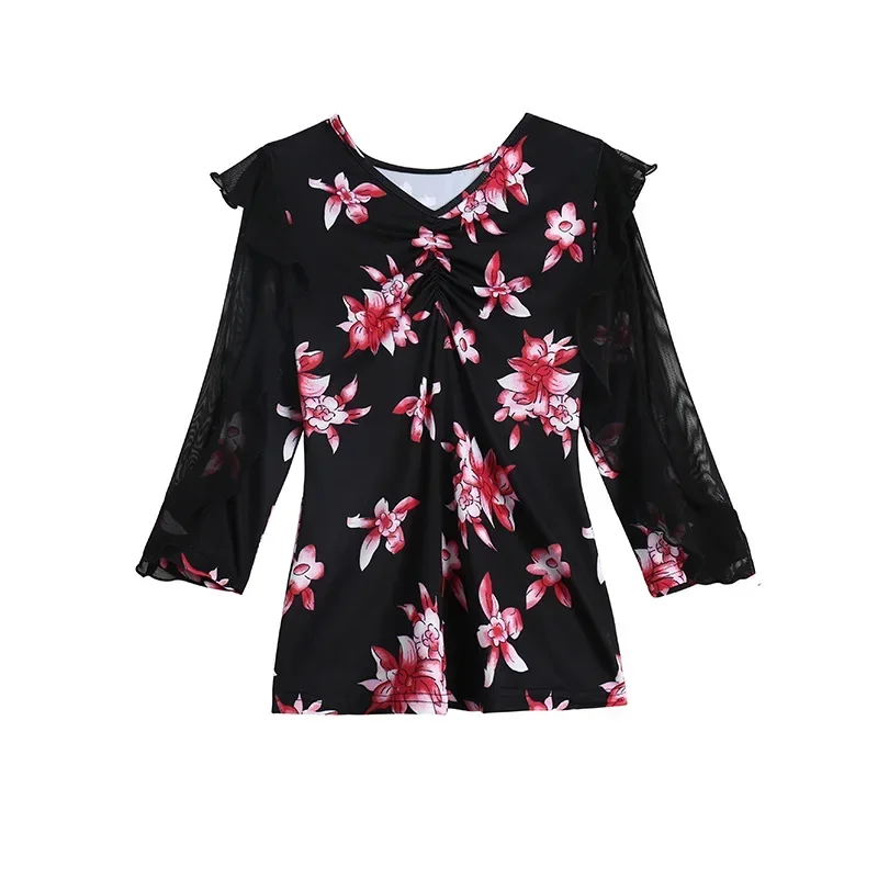 ملابس الرقص اللاتينية النسائية ذات الخط العلوي، فساتين الحفلات، ملابس التدريب في قاعة الرقص، قميص مطبوع، ملابس الرقص السامبا الحديثة #6