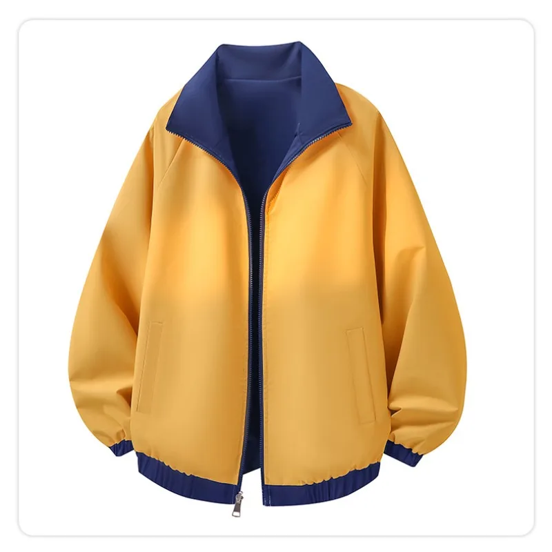 Unisex Autumn Reversible Bomber Jacket Color Contrast Design Zip‑up Loose Daily Wear Outerwear