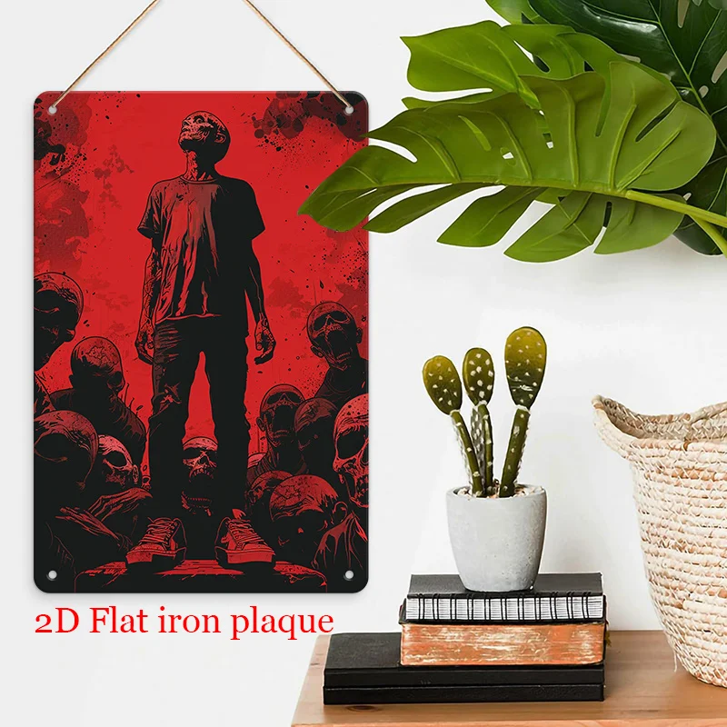 Iron Metal Wall Art Sign - Edgy Skull & Central Figure Graphic on Red-Black Background, Durable Decor for Garage, Urban Theme,
