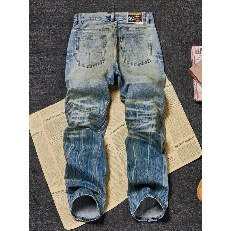 Men's Heavyweight OZ Denim Jeans American Vintage Washed Ripped Distressed Yellow Mud Wash Loose Straight Long Pants