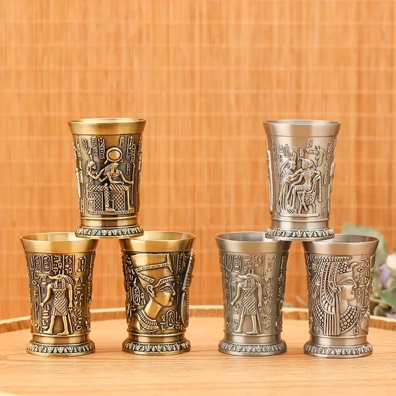 Home Decor Vintage Egyptian Wine Glass Small Metal Cocktail Whiskey Bar Cup Pharaoh Tut Engraving Goblet Water Glass