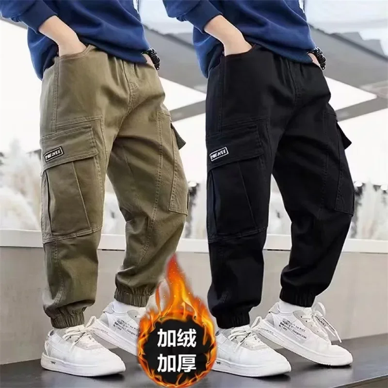 

Boys Fleece Cargo Pants Children Autumn Casual Trousers Teenager Plush Velvet Sweatpants Children Winter Straight Loose Pants