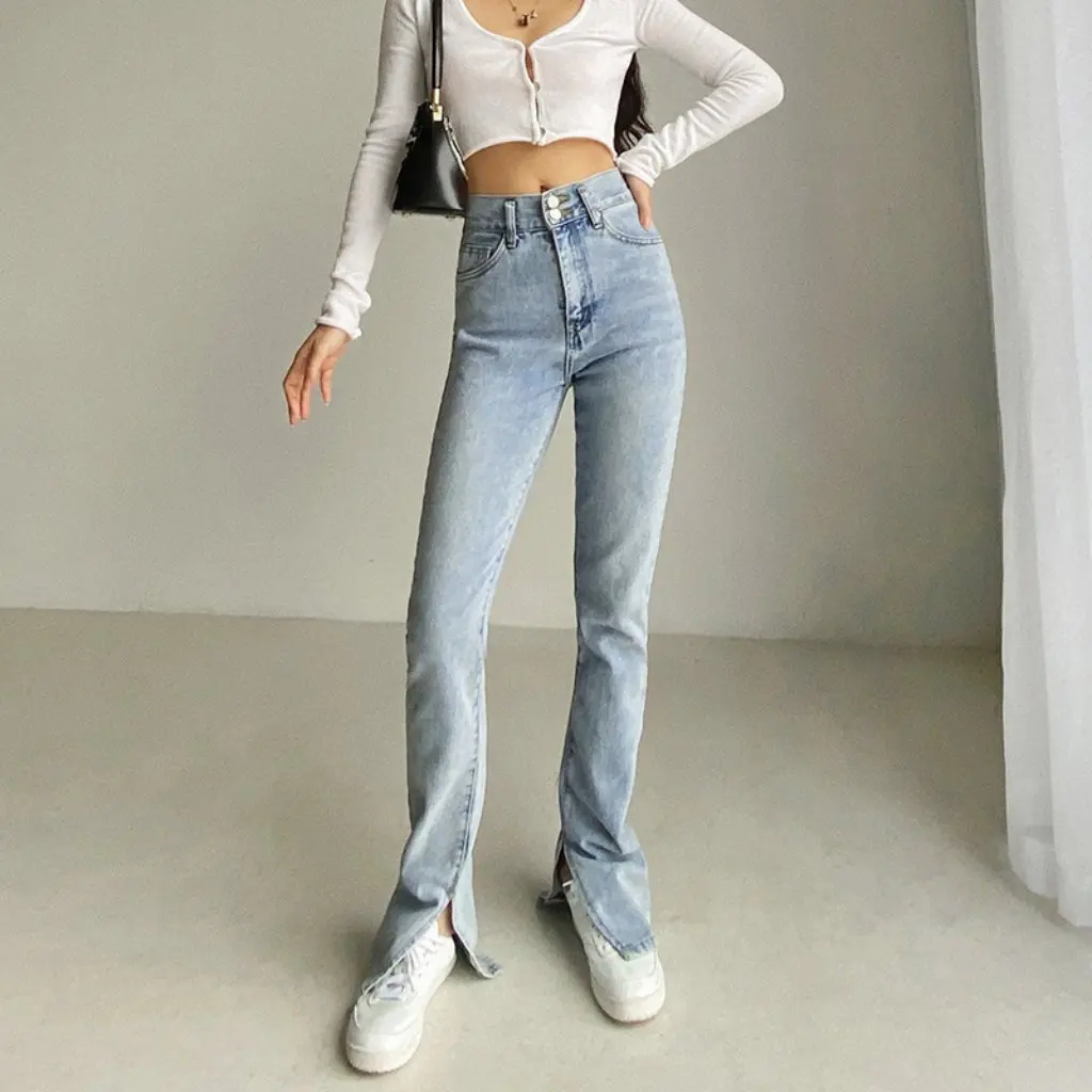 Calça jeans feminina até o chão, estilo europeu americano, calça jeans com fenda, design de alongamento de pernas para outono e inverno