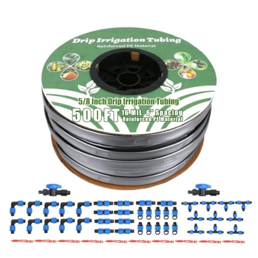 

500Feet 5/8" Drip Tape Irrigation Kit 16 Mil Heavy Duty with 6" Emitter Spacing Silver Reflective Drip Tape Helps Prevent Pecki