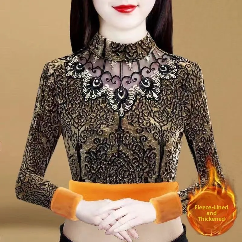 Thickened Fleece Long Sleeve Base Shirt Women's Autumn Winter Yellow Fluffy Lace Mesh Half High Collar plus Size Warm Top