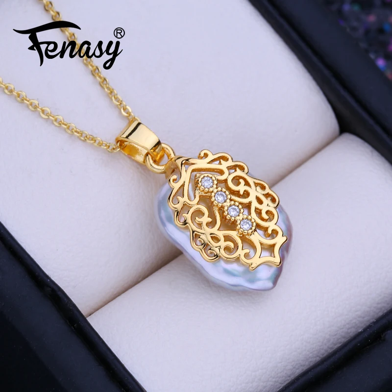 FENASY Natural Freshwater Big Baroque Pearl Necklaces For Women Girls Fashion Gold Color Pendant Wedding Jewelry