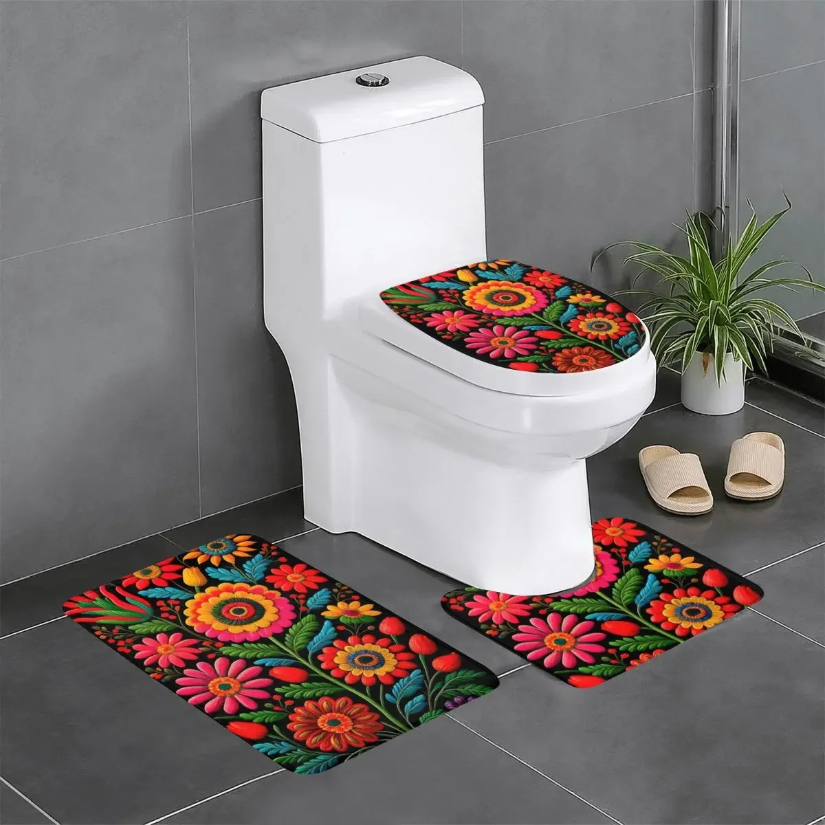 

Custom Mexican Flowers Art Pattern Bathroom Rugs Sets Non-Slip Absorbent 3 Piece Bath Toilet Rugs Mats