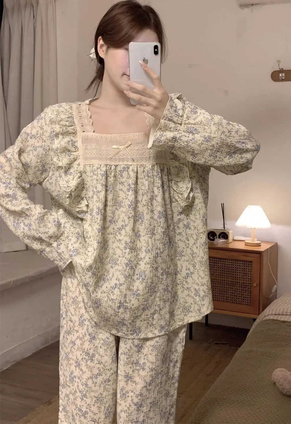 

Милые корейские пижамные комплекты, кружевные пижамы с длинными рукавами, домашняя одежда, комплект из двух предметов, женская одежда для сна, ночная рубашка, ночная рубашка