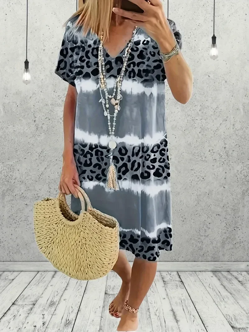 Women\'s Fashion Casual Dress Short Sleeve Dress Tie Dye Leopard Short Sleeve V Neck Slight Stretch Dress