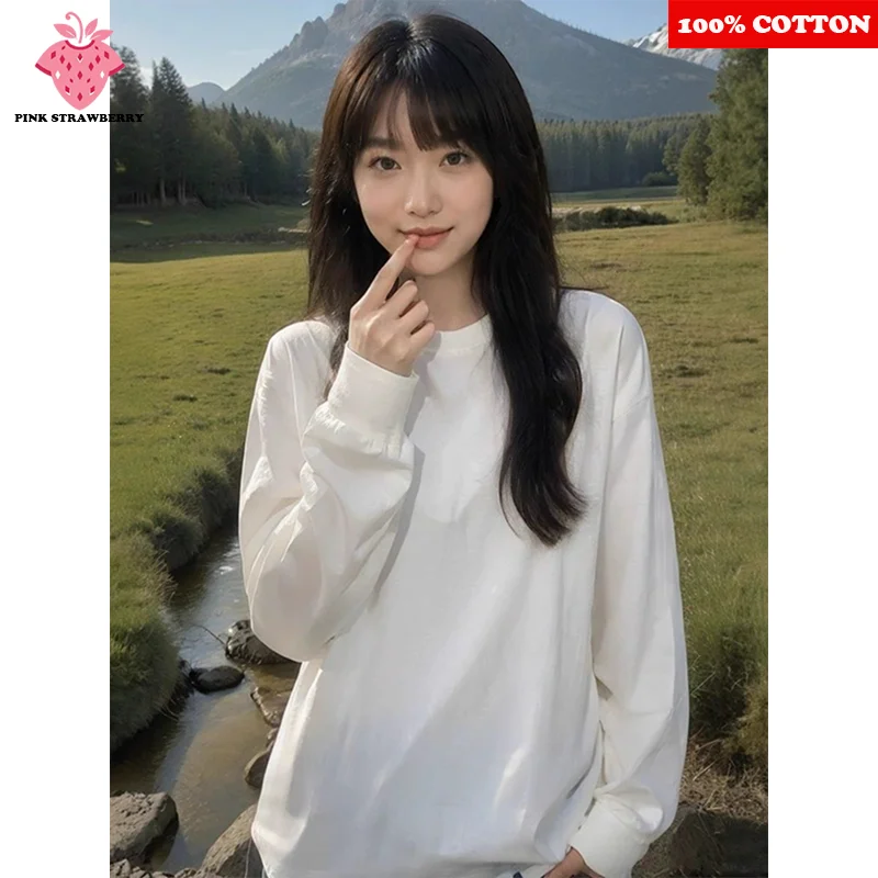

100% Cotton White Long sleeve T-shirt Women Autumn 2025 New High quality Oversize Solid color Black Tee Y2k Top Female clothing