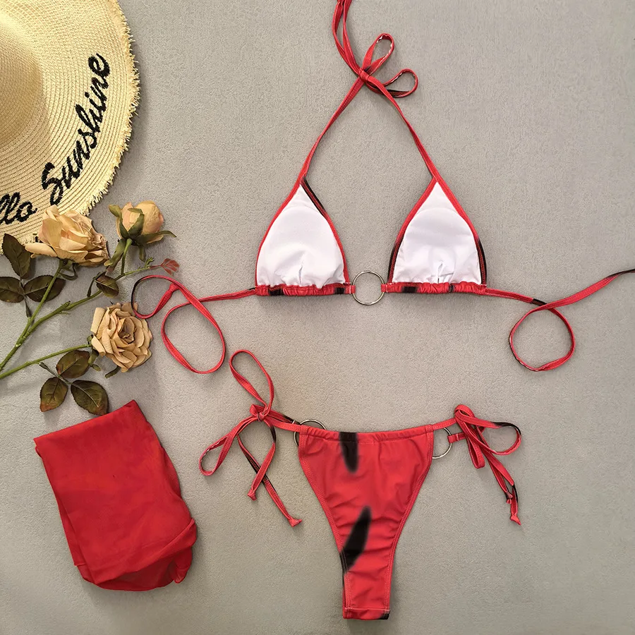 Red Tie Dye Halter String Thong Micro Bikinis Sets 3 Piece Sexy Swimsuits Cover Up Women 2025 Beach Wear Metal Ring Swimwear