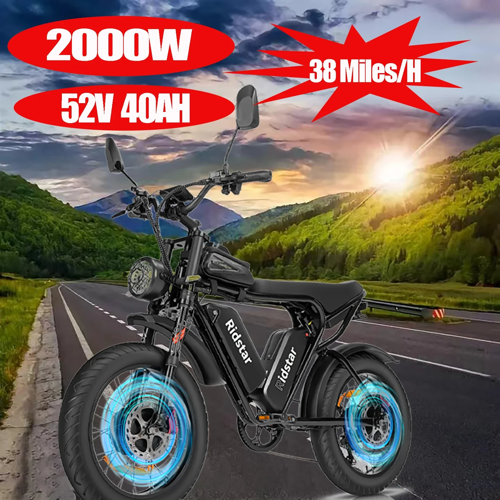 Electric Bicycle 2000W Powerful Dual Motor 52V40Ah Waterproof Dual Battery E Bike Motorcycle 20*4.0 inch Fat Tire Electric Bike