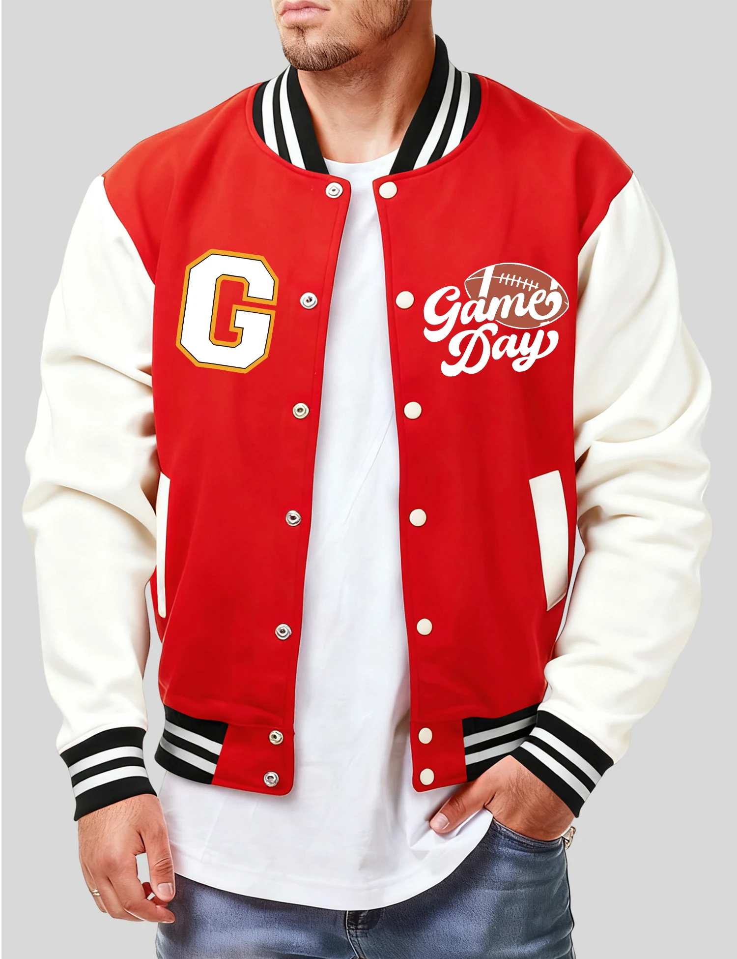 

Rugby Game Day Print Men Baseball Coat American Loose Jackets Fleece Autumn Streetwear Hip Hop Casual Unisex Vintage Clothing