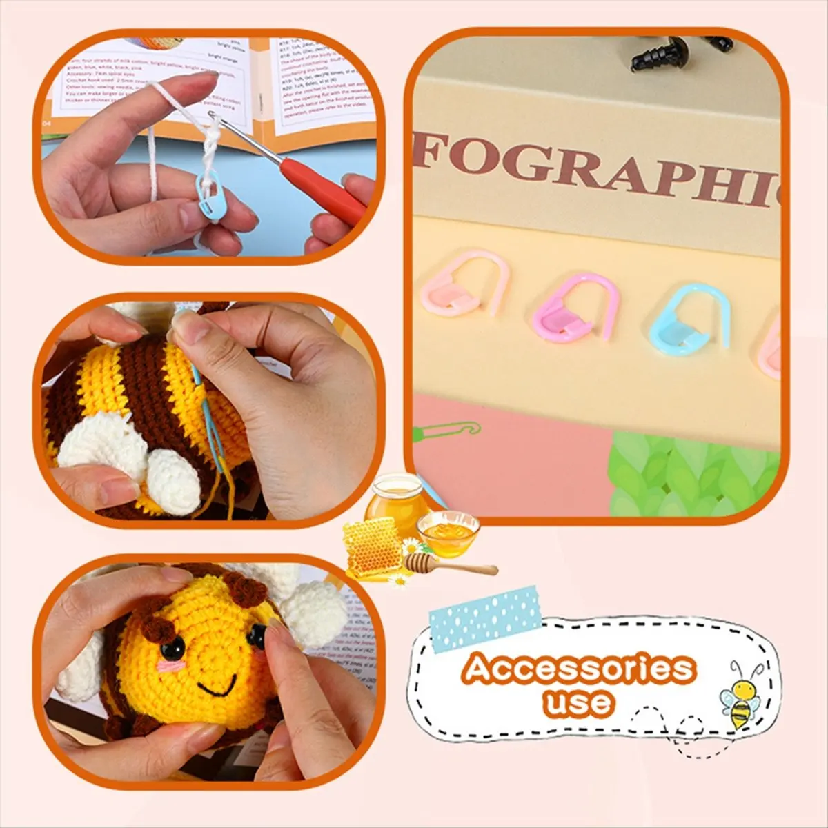 *CLOS مجموعة كروشيه DIY مجموعة كروشيه ليتل بي مع إبر غزل الحياكة دمية قطيفة سهلة