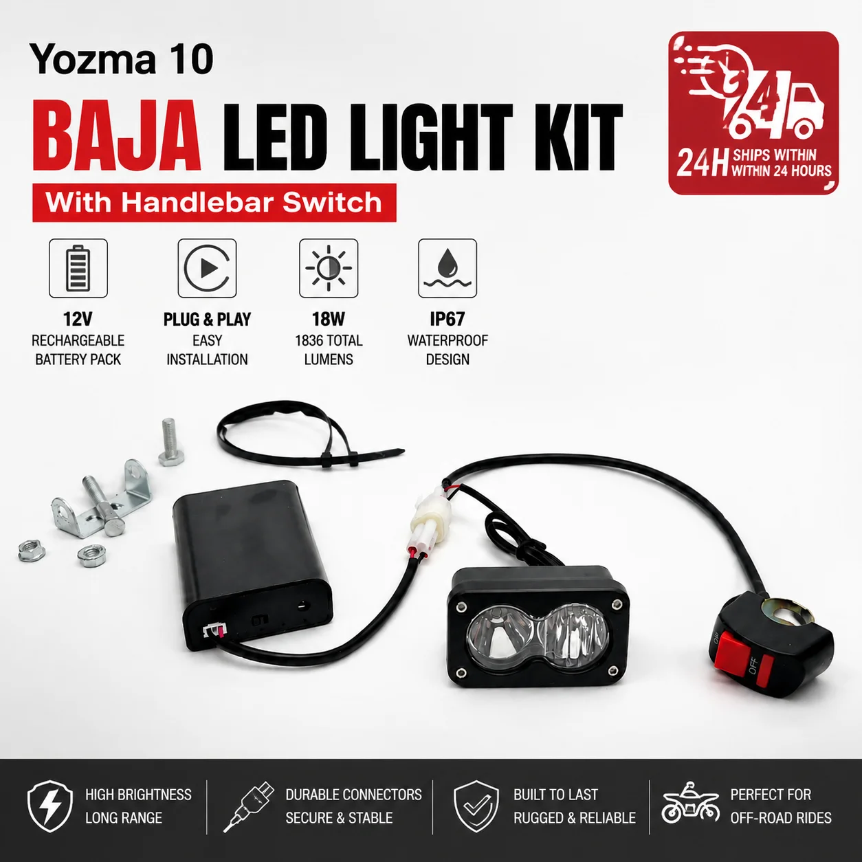 Wintai Yozma 10 18W Baja Light Kit with Handlebar Switch 12V Rechargeable Battery Box Plug and Play ATV Off Road Light System