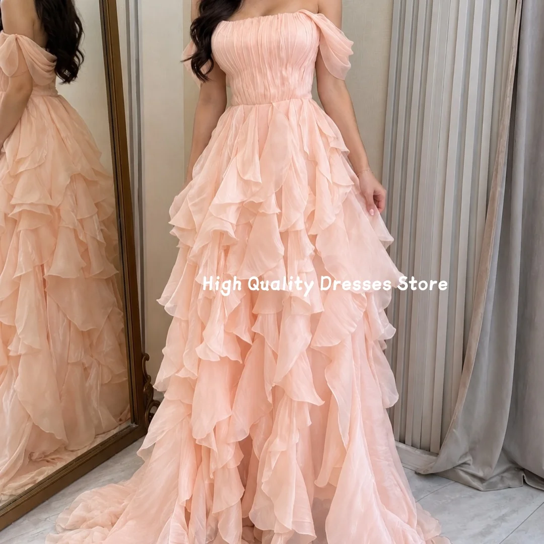 Prom Dress Off Shoulder Chiffon Long Gown Ruffled Tiered Skirt Pleated Bodice Formal Evening Wedding Guest Dress Customized