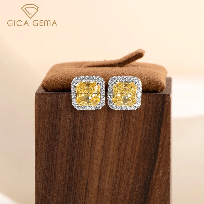 Gica Gema 925 Sterling Silver Stud Earrings For Women Sparking Full Zircon 7*7mm Pink Yellow White High Carbon Diamond Jewelry