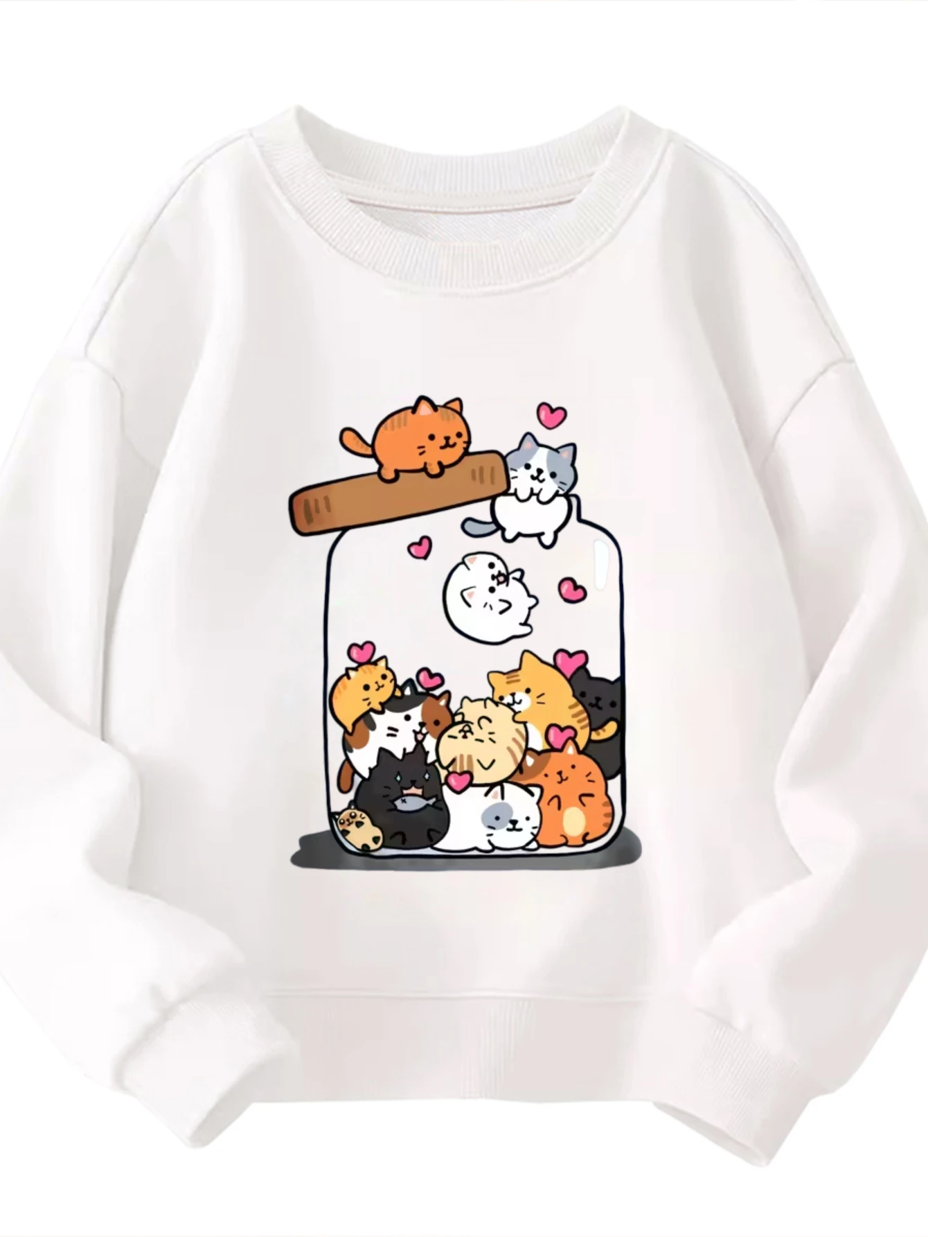 

Детский свитшот с круглым вырезом Jar Of Cute Cats, пуловер с рисунком сердца для мальчиков и девочек, повседневная одежда для любителей кошек