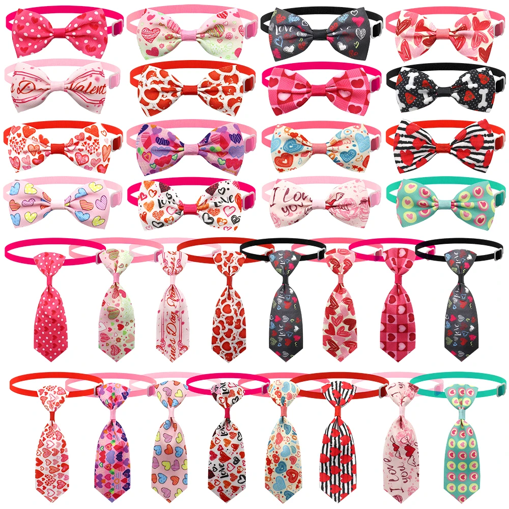 50/100 Pcs Valentine's Day Dog Bows Adjustable Dog Collars Cat Grooming Bows Loving Heart Dog Bowties Puppy Neckties Bow Ties