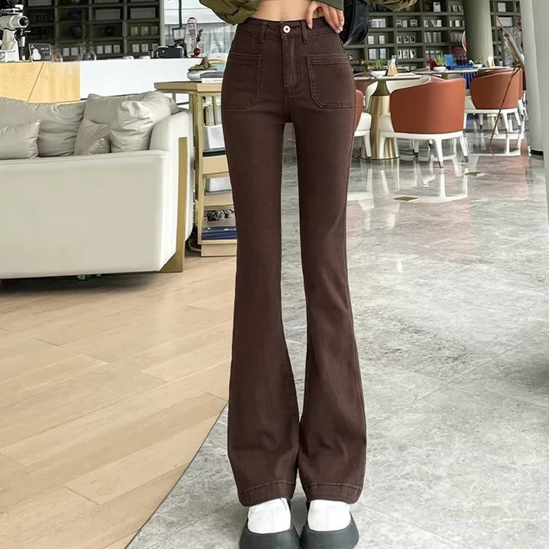 

Vintage Women Trumpet Jeans High Waist Classic Brown Denim Pants Casual Harajuku Spring Female Streetwear Slim Trousers