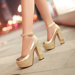 Piattaforma da donna tacchi alti 13cm oro Glitter Splicing cinturino alla caviglia Sexy tacchi spessi décolleté scintillanti scarpe da sera da discoteca