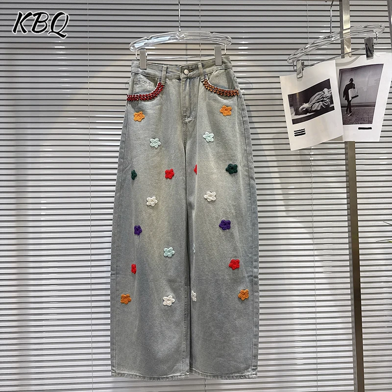 

KBQ Solid Spliced Appliques Chic Pants for Women High Waist Loose Causal Patchwork Pockets Wide Leg Jeans Female Fashion Style