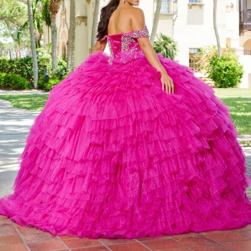 Rose Red Quinceanera Dresses 2024 Beads Crystal Tull Tiered  Sweet 16 Birthday Party Gown Corset Vestidos De 15 Años Miss Prom