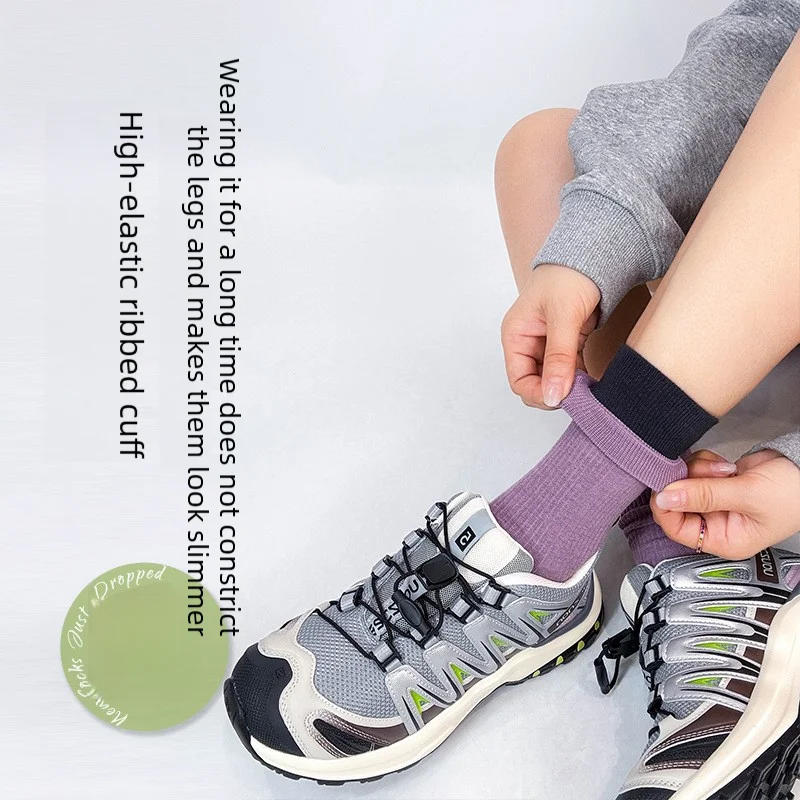 Women's Summer Thin Contrast Color Double Cuff Stackable Socks, Breathable Cotton Mid‑Calf Socks, Fashion Casual Stacking Socks