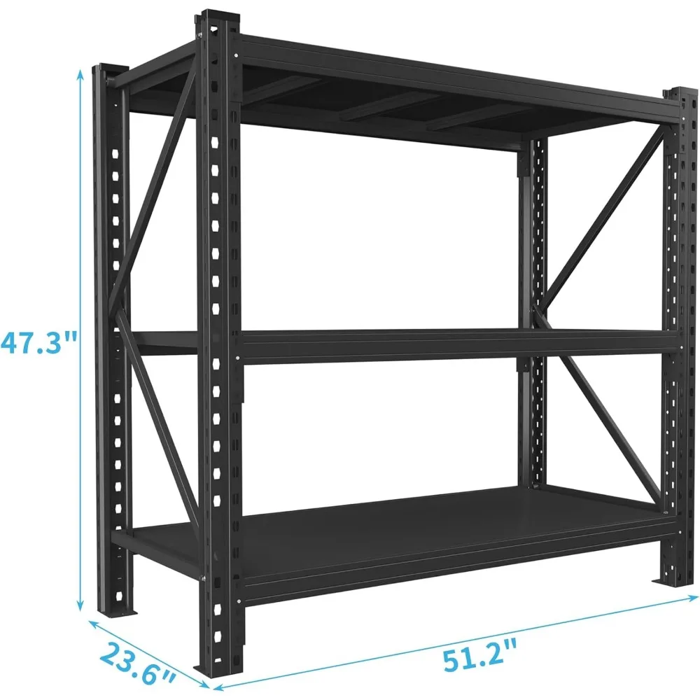وحدة رفوف فولاذية قابلة للتعديل من 3 طبقات من الدرجة الصناعية، 51.2 عرض × 23.6 عمق × 47.3 ارتفاع، مثالية لحلول تخزين المرآب والمستودعات