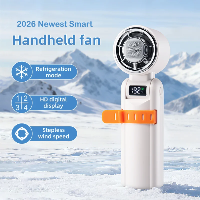 High Speed Turbo Handheld Fan Portable Ice Cooling Neck Fan USB Rechargeable Digital Display Stepless Speed Foldable Mini Fan