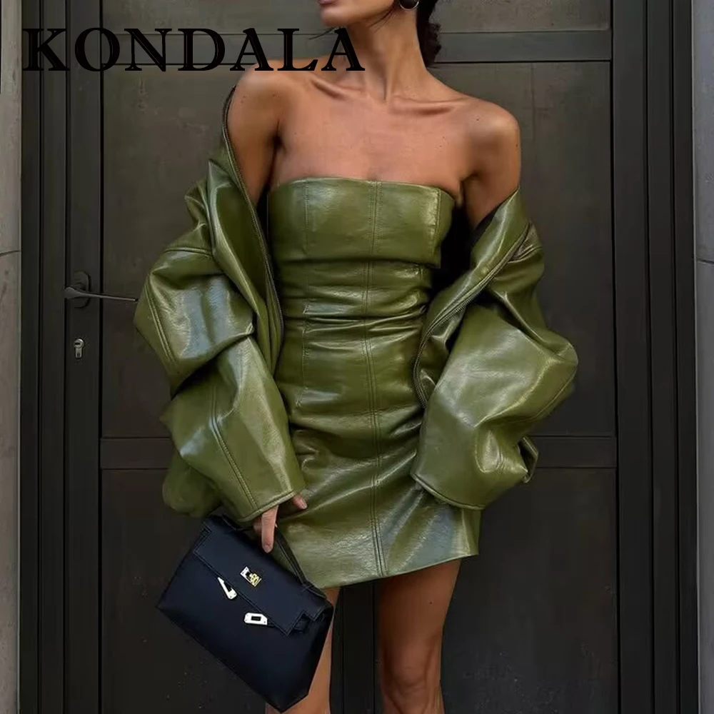 

KONDALA шикарная уличная одежда, зеленый однотонный женский костюм из искусственной кожи, куртка с карманами на молнии + мини-платье без бретелек, модные комплекты для ночных вечеринок 2025 года
