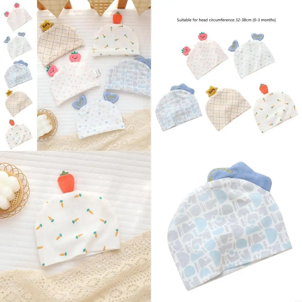 581F Infant Baby Hospital Hat Newborn Ear Boneless Muslin Hat for Infant 0-3M Lovely Print Breathable Baby Hat