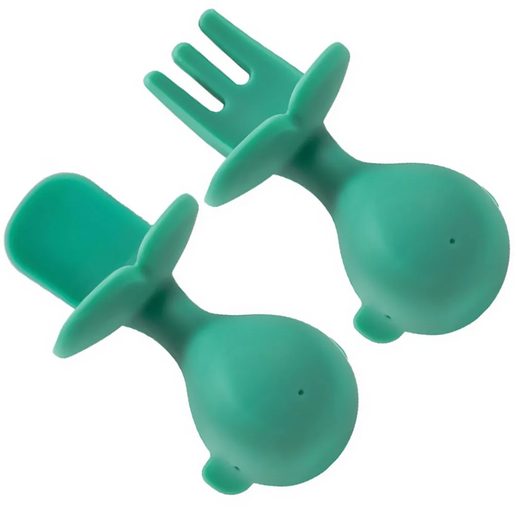 

Silicone Baby Fork Spoon Set Green Infant Feeding Tableware Round Tip Practical Kids Eating Tool High Temp Resistant