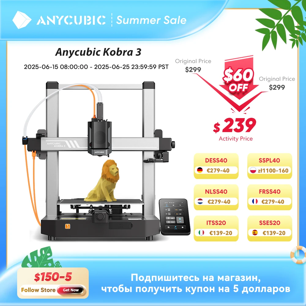 ANYCUBIC Kobra 3 FDM Multi-Color 3D Printer Print in 4 to 8 Color With Max 600mm/s Printing Speed Build Size 250mmx250mmx260mm