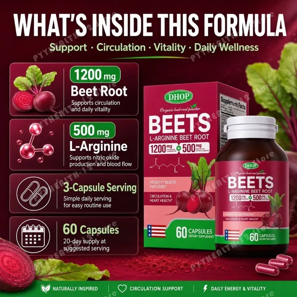 DHOP Beet Root Powder Capsules with L-Arginine 60 Count, 1700mg Per Serving, Daily Wellness Supplement for Men & Women Adults