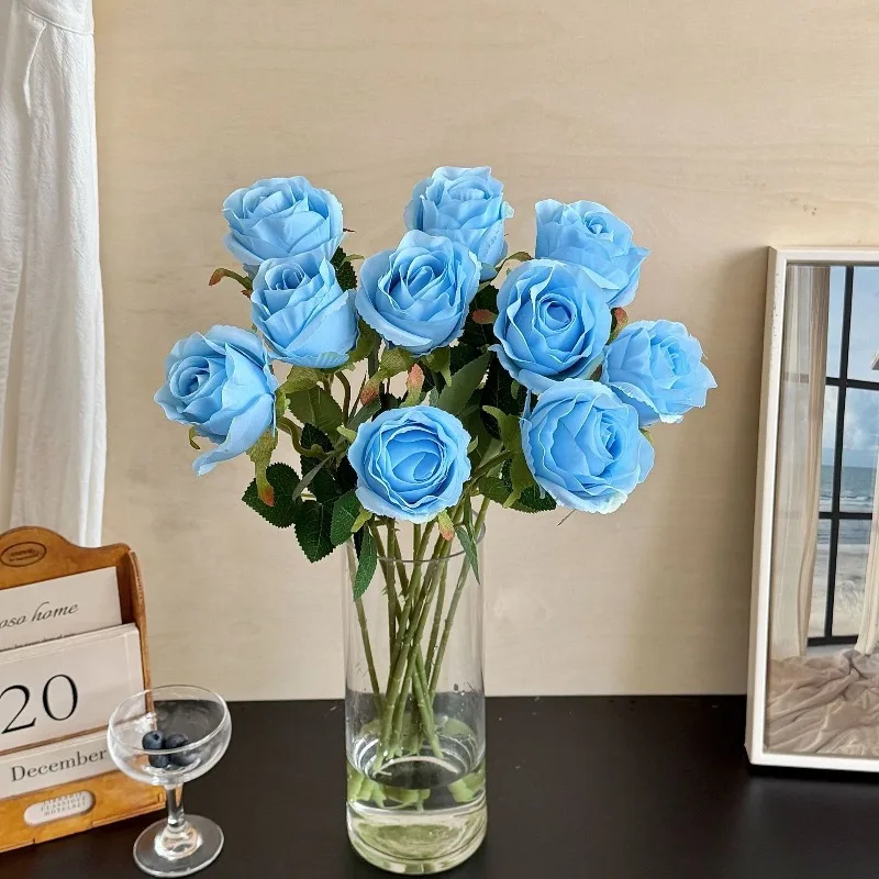 

24pcs Simulation Flowers Silk Blue Bulgarian Roses Garden Decorative Fake Flower Artificial Rose Branch Table Decoration