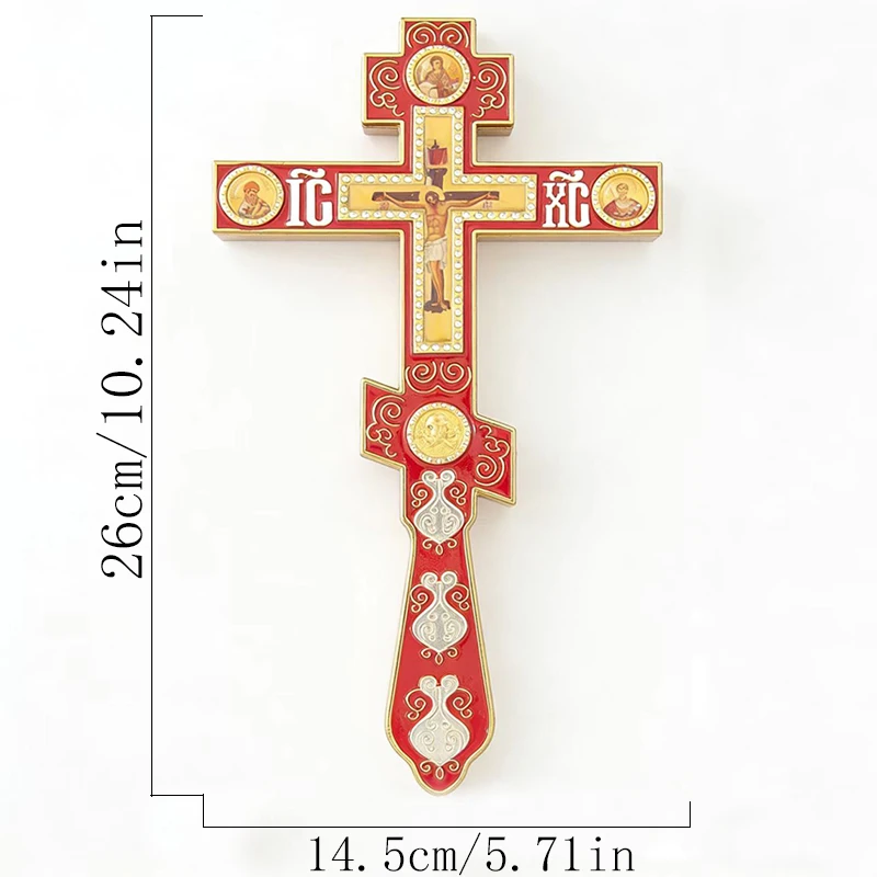

New Traditional Red Orthodox Standing Crucifix with Gold Detailing Saint Icon Panels & IC XC for Clergy Use and Home Altar Decor