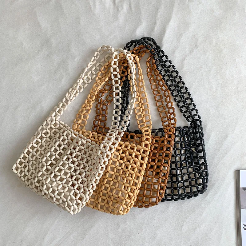 Summer Women\'s Bag New Casual Beaded Crossbody Bags Fashionable INS High Quality Weaving Hollow Out Wooden Bead Beach Handbag