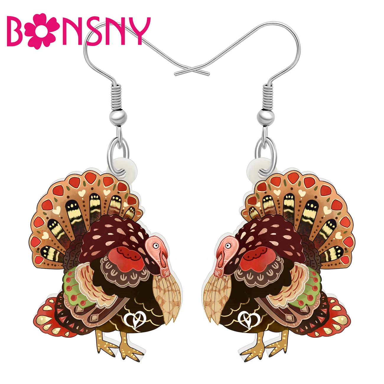 BONSNY Acrylic Thanksgiving Boho Turkey Earrings Chicken Farm Animals Novelty Jewelry Thankful Gifts For Women Ethnic Art Charms