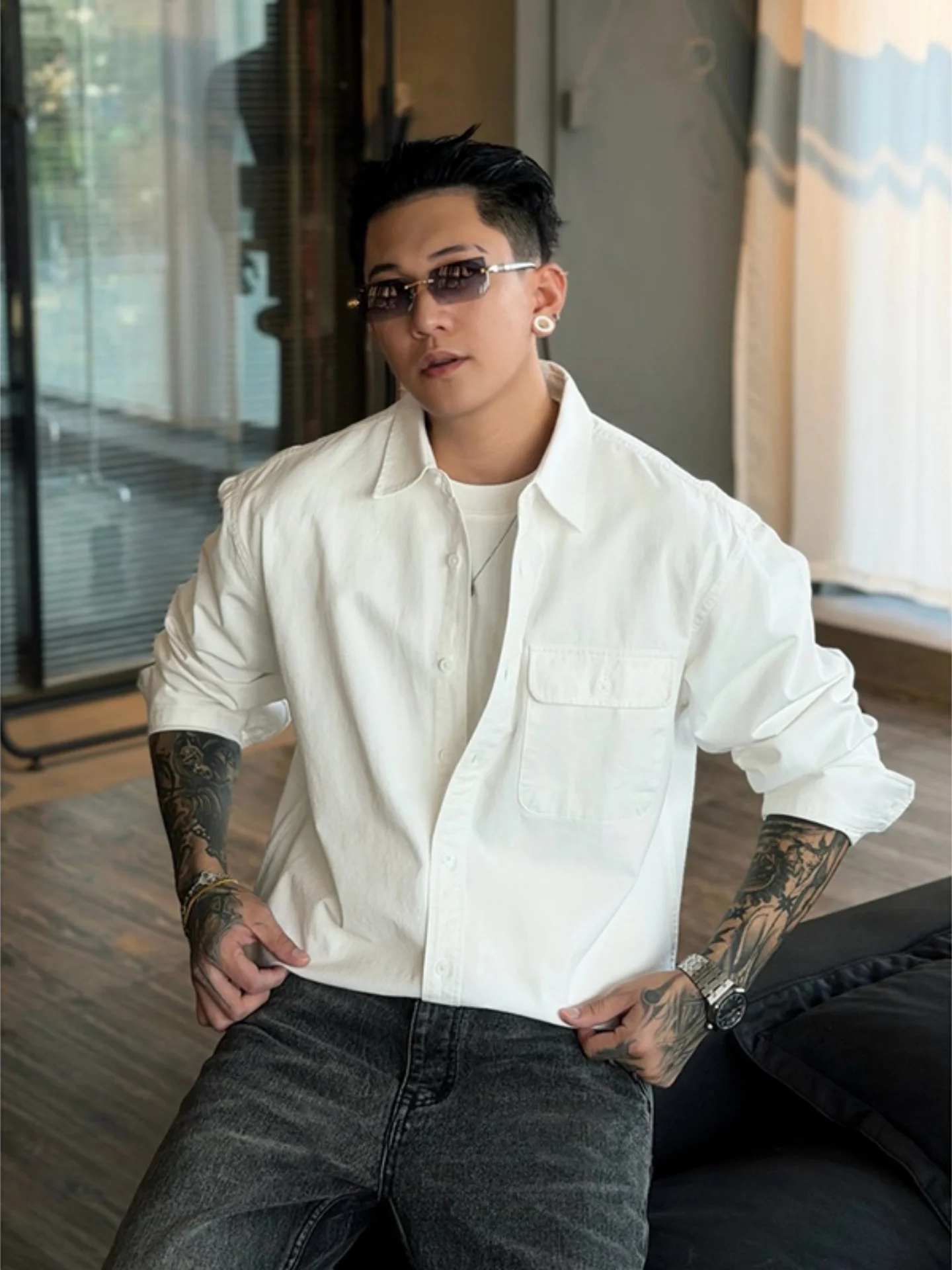 

White Pure Cotton Workwear irt Men's Long Sve Retro Hardman Jaet Spring New Sle Base irt for Urban Casual Wear