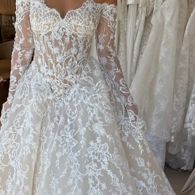 Ivory White Wedding Dresses of Off-Shoulder Decal A-Line Beadwork Glitter Crystal Decal off-shoulder Bridal Gowns Made Customize
