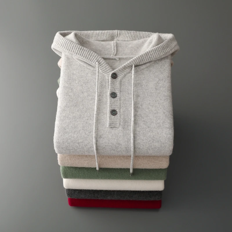 

Мужской пуловер с капюшоном, вязаный свитер из 100% мериносовой шерсти, теплый топ, повседневный свитер с длинными рукавами, осенняя и зимняя одежда