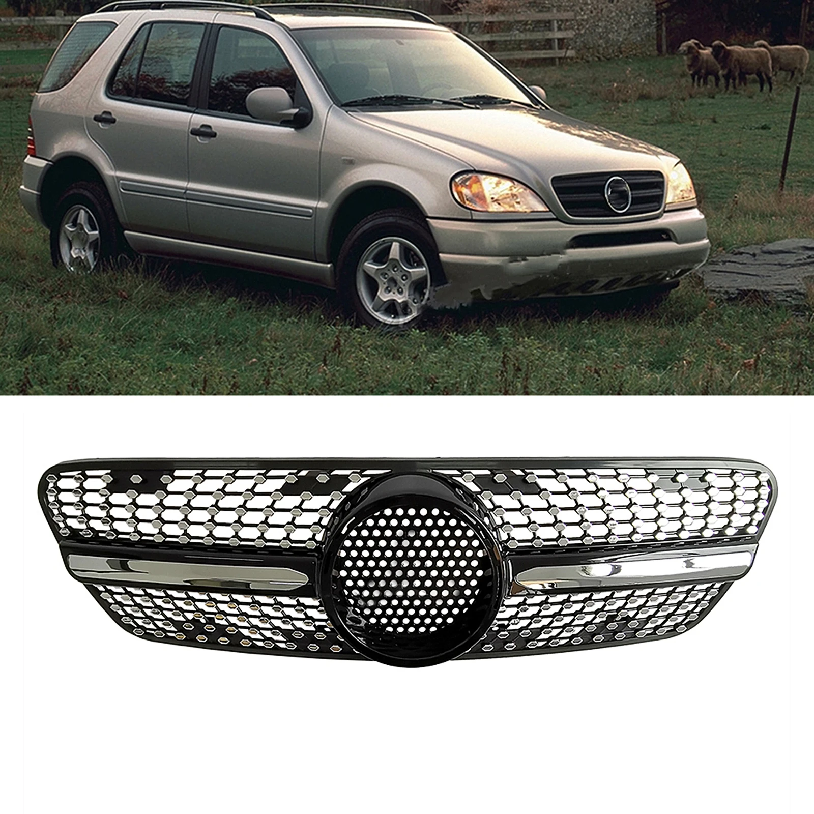 Racing Grill Grille For Mercedes Benz W163 ML Class 1999-2004 Black/Silver Car Front Bumper Hood Mesh Grid W/ Insect Proof Cover