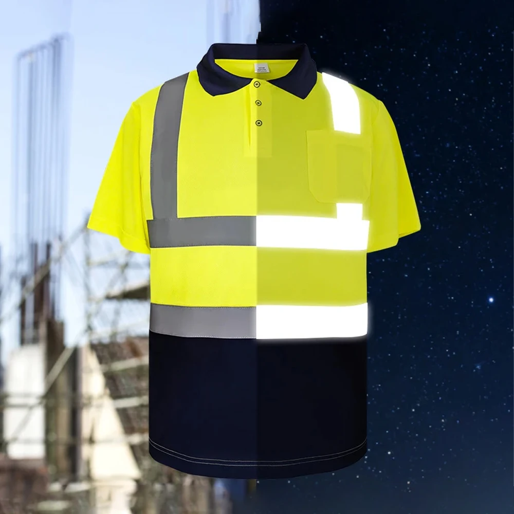 Reflective Safety T-shirts Construction Site High Visibility Working Clothes Summer Breathable Quick Drying Polo Shirt